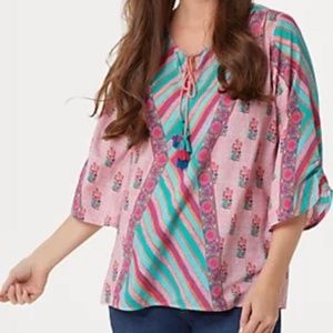 Tolani Collection Mixed Print Tassel Blouse M